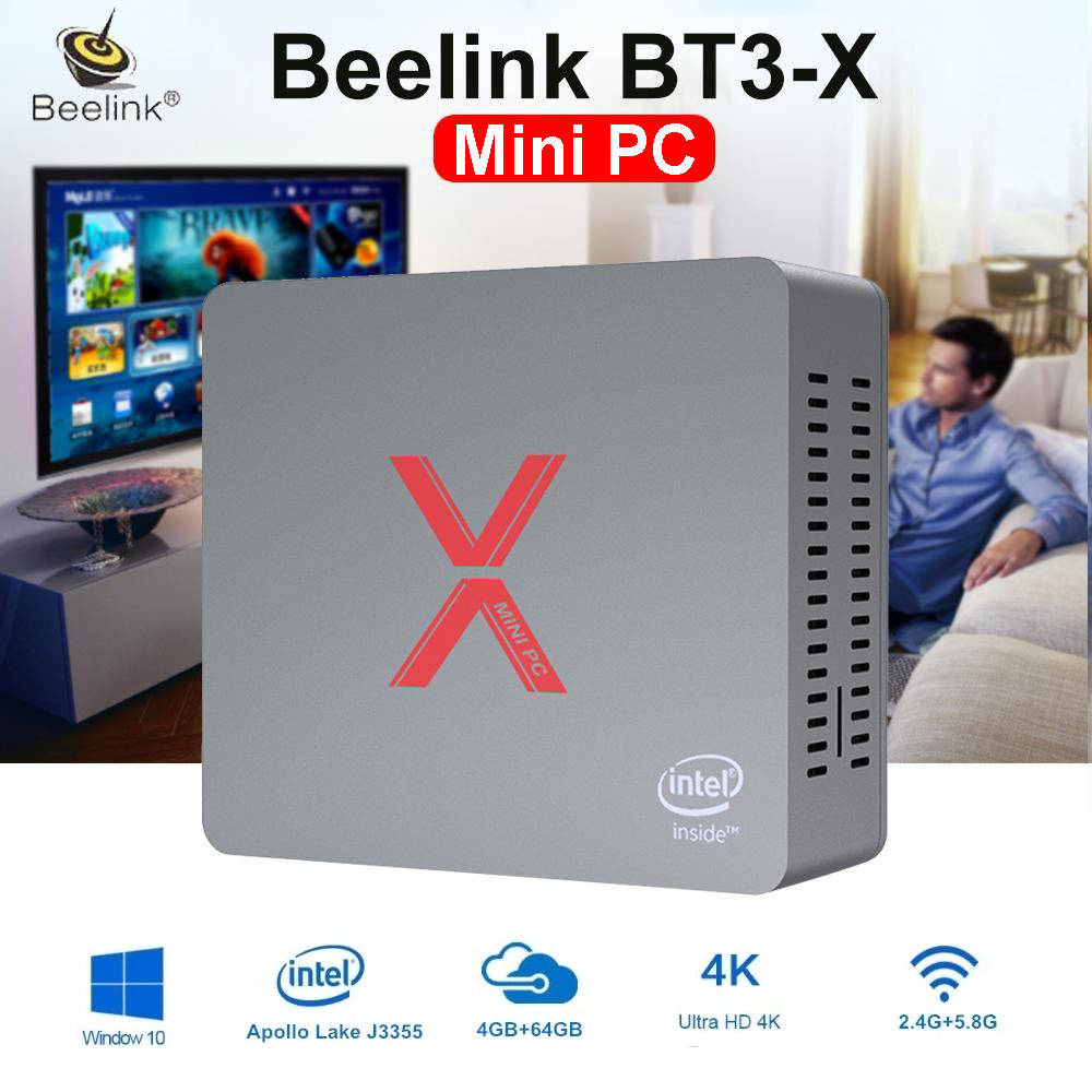 Beelink BT3-X Mini Desktop PC Windows 10 Multimedia Office Computer 4GB  LPDDR4 64GB eMMC Intel 2.5Ghz Apollo Lake J3355 processor, Dual HDMI 4K Display Dual WiFi, UK Plug .